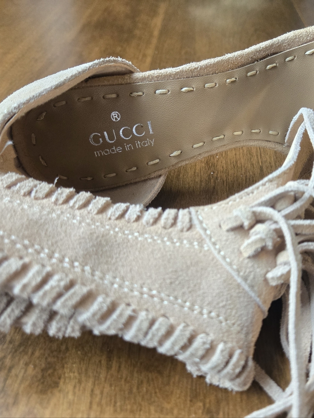 Gucci Suede Fringe Ankle Cuff Heels Wood Grain Stiletto Sandals Size 37 - Picture 8 of 10